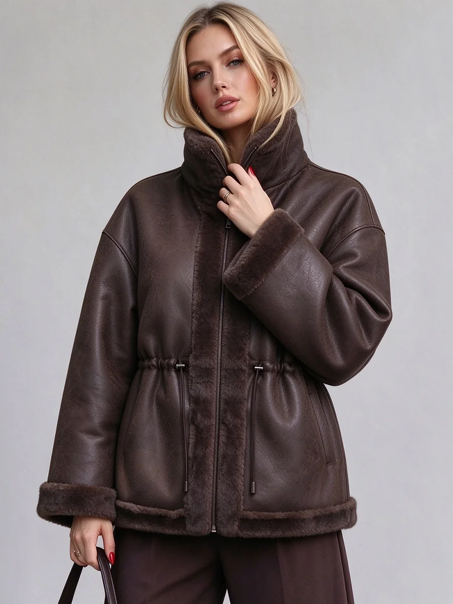 LIMO Women Faux Suede Shearling Jacket Drawstring Waist Zipper Warm Winter Faux Fur Lined Coat