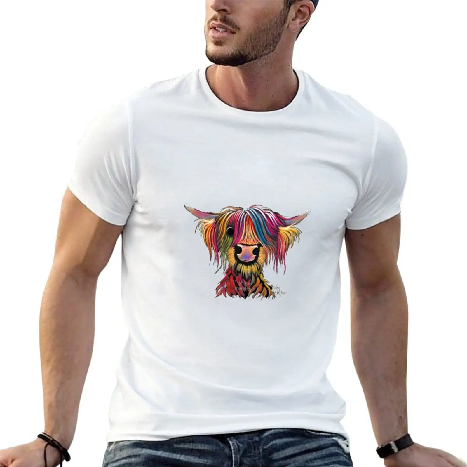 

Scottish Hairy Highland Cow ' OLIVER ' by Shirley MacArthur T-Shirt man t shirt heavy cotton T-Shirt