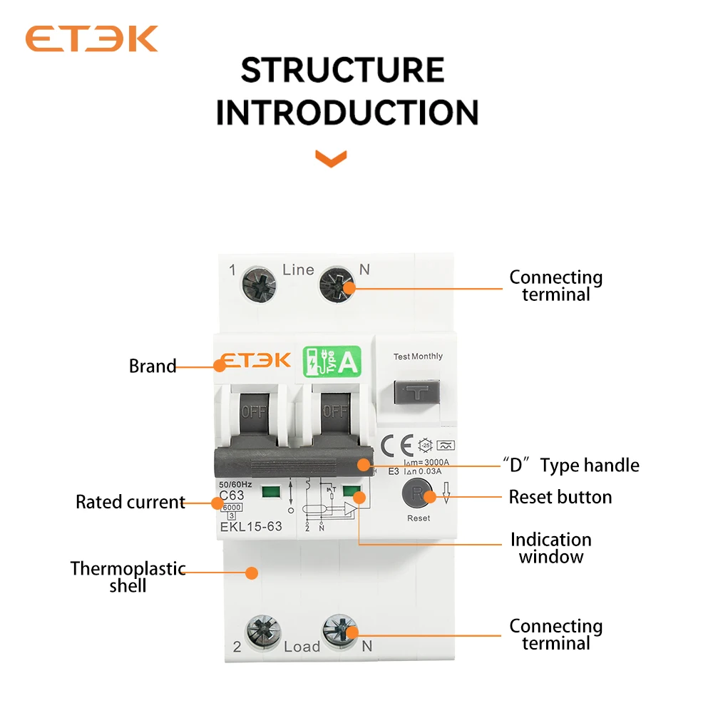 ETEC Atype RCBO 40A 63A Защита от перегрузки по току и утечки RCBO 6kA 2p Автоматический выключатель остаточного тока EKL15