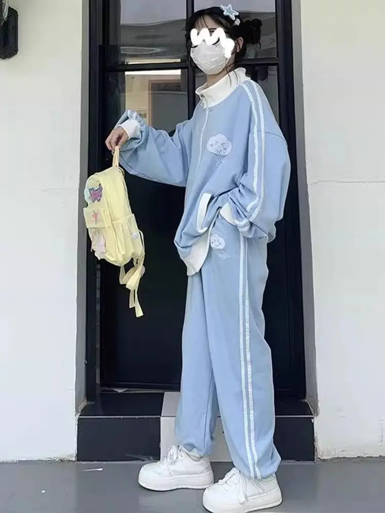 

Preppy Style Loose Zip Up Cardigan + Sweatpants Lace Stripe 2 Pcs Sets Dopamine Casual Sportswear Set for Women Y2k Suits