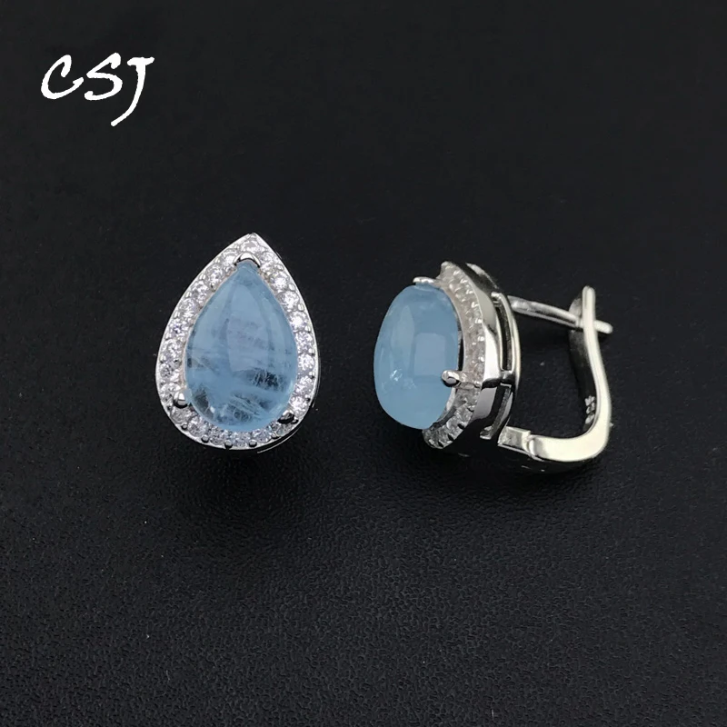 

CSJ Natural Aquamarine Earrings Sterling 925 Silver Beryl Gemstone Pear 8*12mm for Women Birthday Party Jewelry Gift