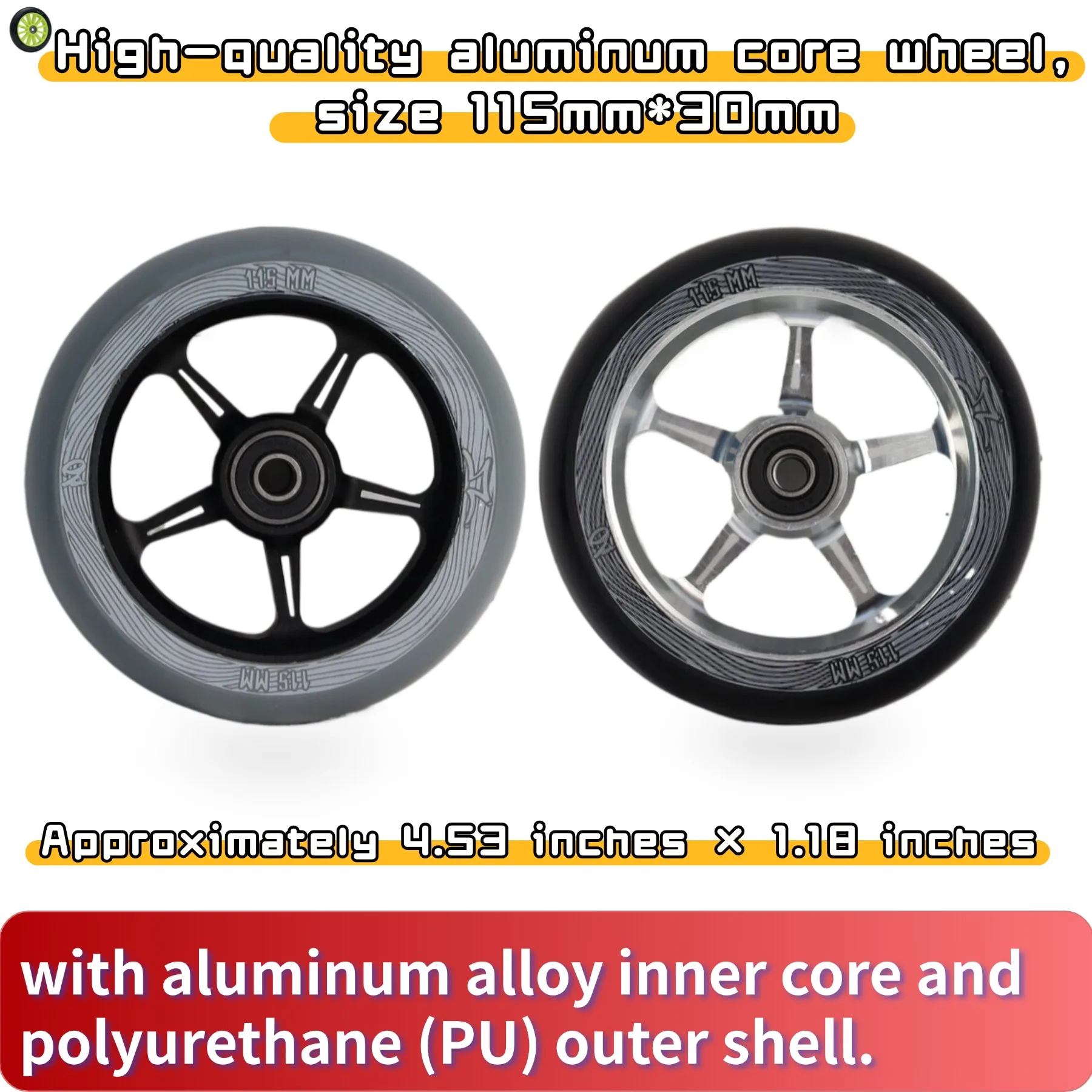 

115x30mm Aluminum Alloy PU Wheel - Speed Scooter Replacement (4.53x1.18 inches) ,Aluminum Material (2pcs)