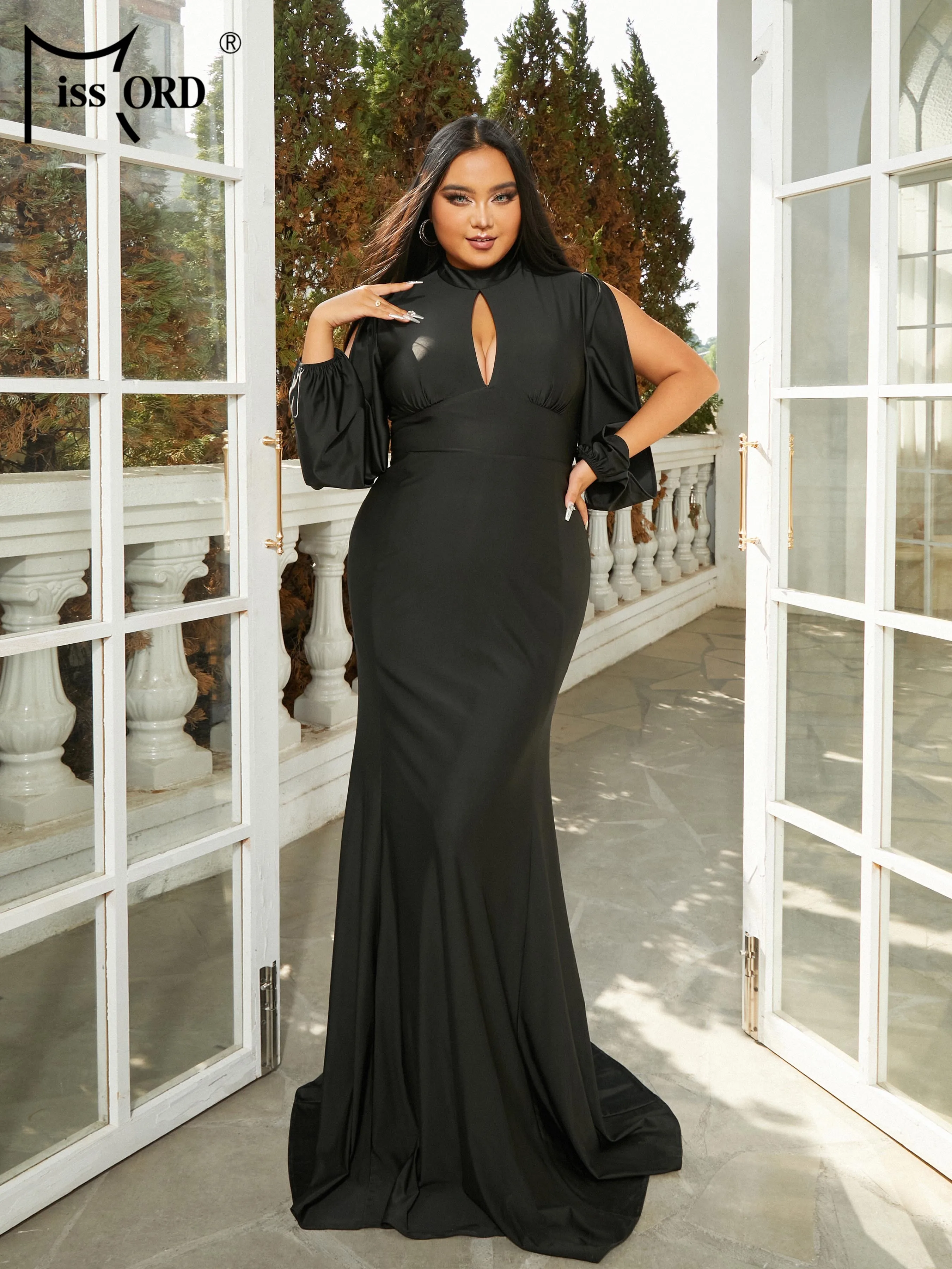 Missord Plus Size New Round Neck Split Sleeve Black Mermaid Evening Ladies Party Floor Length High Quality Luxury Dress