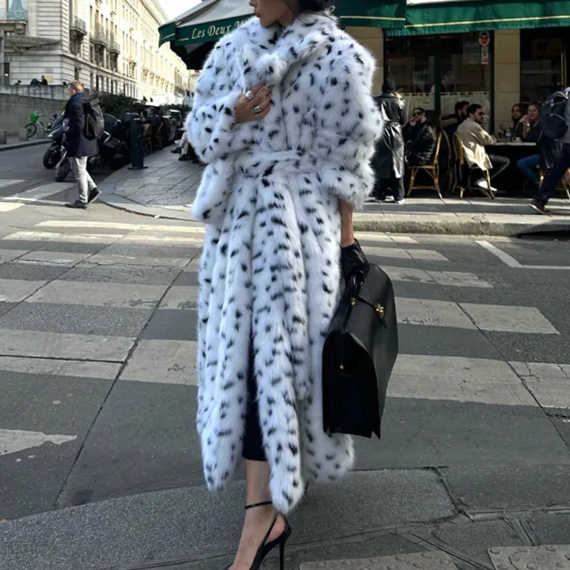 EAEOVNI الشتاء موضة الفراء معطف طويل المرأة ليوبارد نقطة تصميم حزام تجمع الخصر مزاجه سترة ملابس خارجية #6