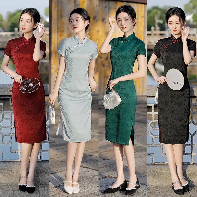 

Yourqipao New Chinese Cheongsam for Women 2025 Summer New Short-sleeved Solid Color Mother Qipao Prom Dress
