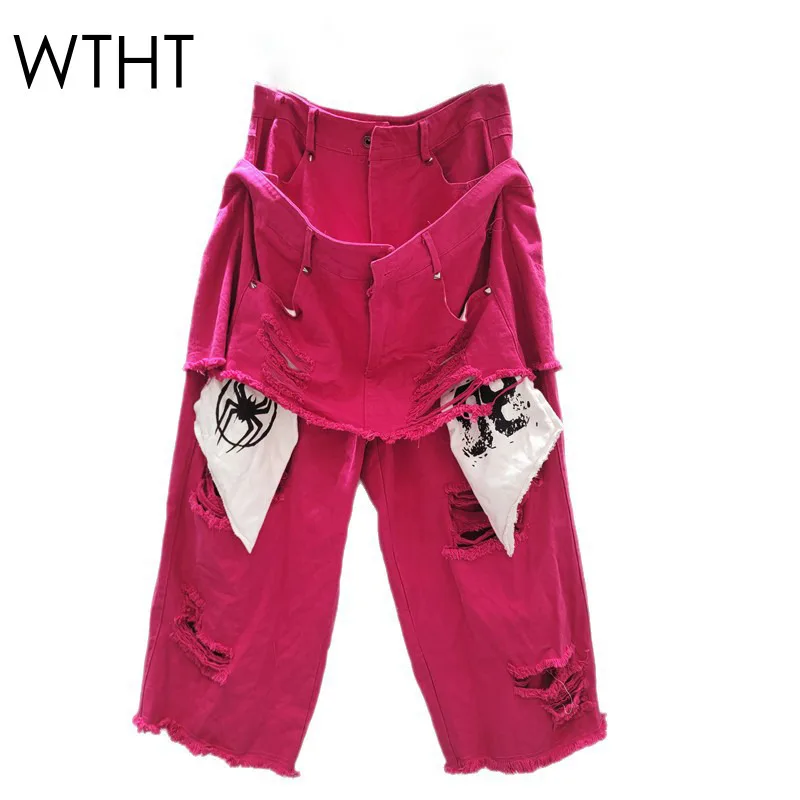 

WTHT Fashion Women's Patchwork Fake Two-piece Hole Jeans 2025 Summer Trendy High Waist Straight Denim Pants Female 1LS2225