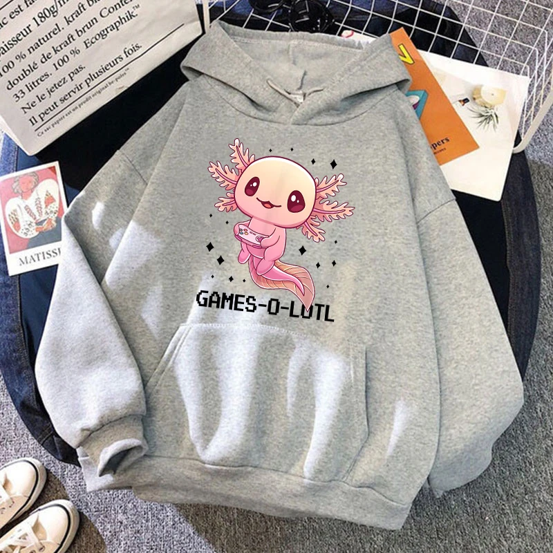 (Premium Hoodie) niedlichen Spiel Solotl Axolotl Video Gamer Brief druck Hoodies lose Sweatshirt Frauen Männer Persönlichkeit lang ärmelig