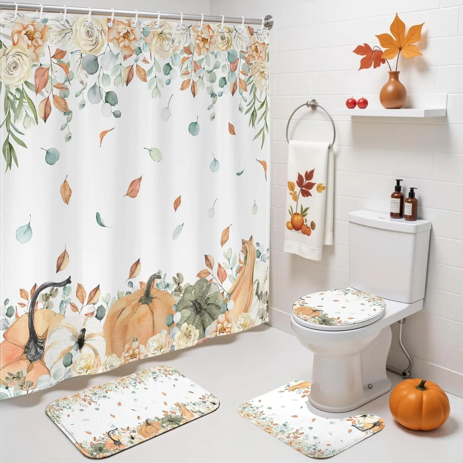 

Набор осенних занавесок для душа из 4 предметов, осенние тыквы, кленовые листья, занавеска для душа, нескользящие коврики, крышка унитаза и коврик для ванной F