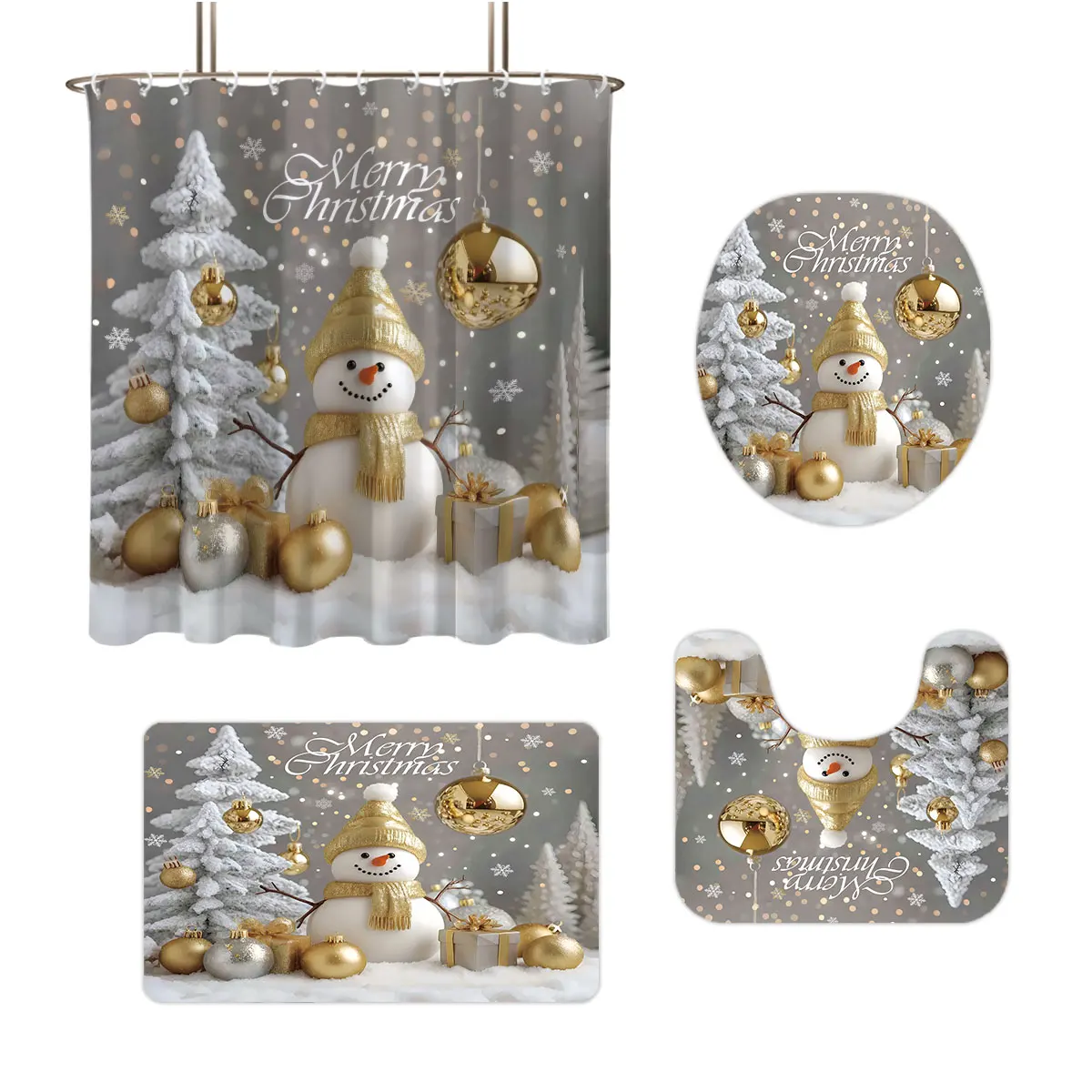 

Christmas White Snowman Printed Bathroom 4-piece Set 180x180 Shower Curtain, Floor Mat, Toilet Mat, U-shaped Mat