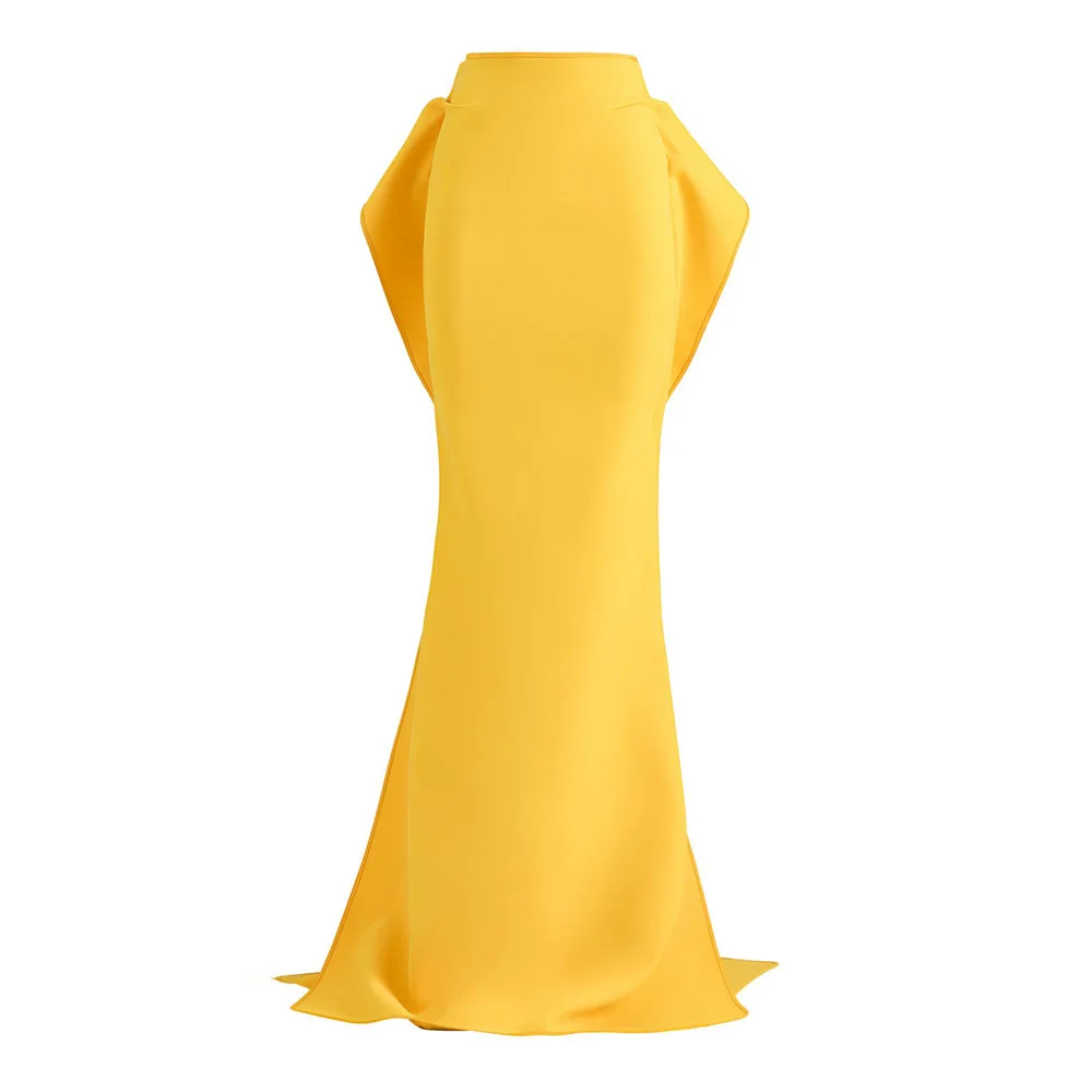 

HOBBY High Waist Yellow Matte Satin Event Skirt With Ruffled Zipper Black Mermaid Long Evening Skirts Elegant Plus Size