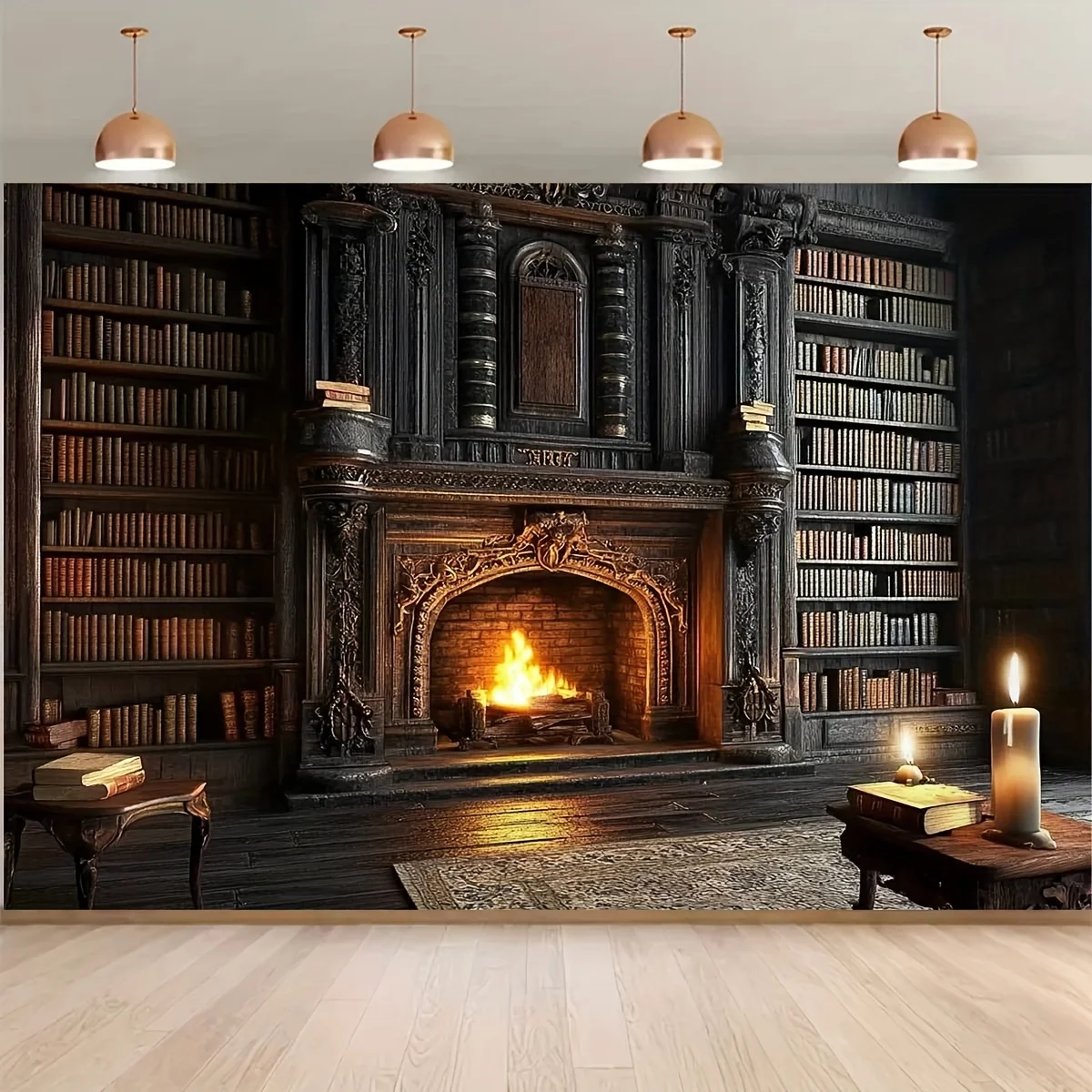 1 klassisches Arbeitszimmer-Fotografie-Hintergrundtuch mit Kamin-Design, 2D-flacher Wandverkleidungstuch im Retro-Stil im warmen Stil, Heimdekoration