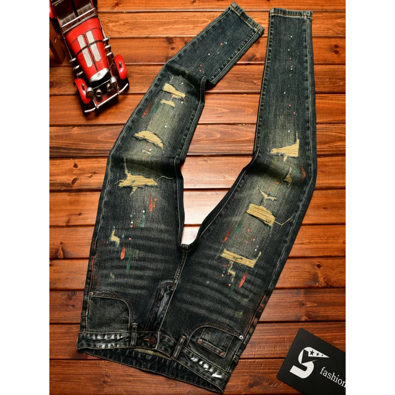Broken hole patch jeans for men 2025 new men's clothing paint printing trend design retro nostalgic slim fit denim pants