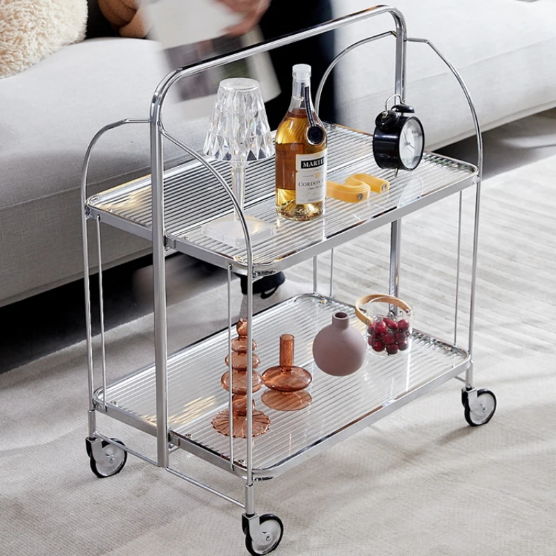 Transparent Glass Dining Car Trolley Home Kitchen Bar Wheel Table Foldable Side Table Living Room Bedroom Mobile Shelf