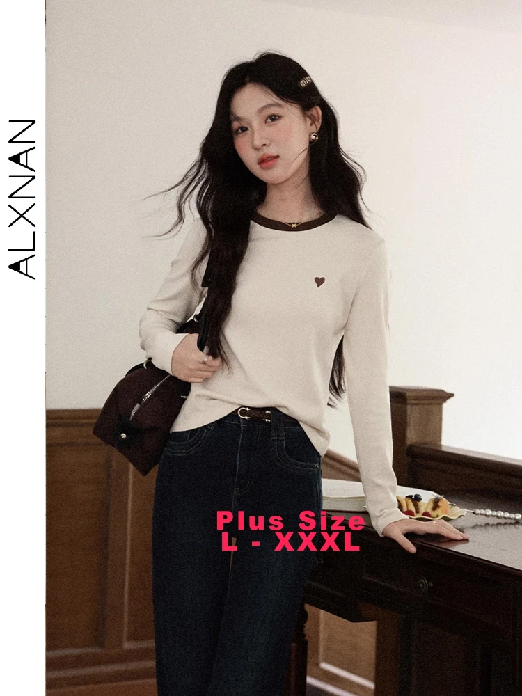 

ALXNAN женская футболка больших размеров обычного кроя с длинными рукавами в стиле пэчворк пуловер с круглым вырезом и вышивкой универсальный многослойный женский D13055