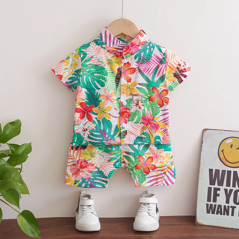 Kids Clothes Summer Boys Girls 3d Print Floral Short Sleeved Set Children Shirt Short Sleeved Beach Style Casual Two-Piece Set