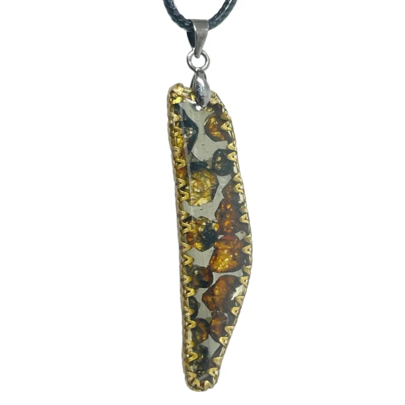 Natural Sericho Pallasite Meteorite Slice Pendant Irregular Shape Gold Trim Black Braided Rope Necklace CB187