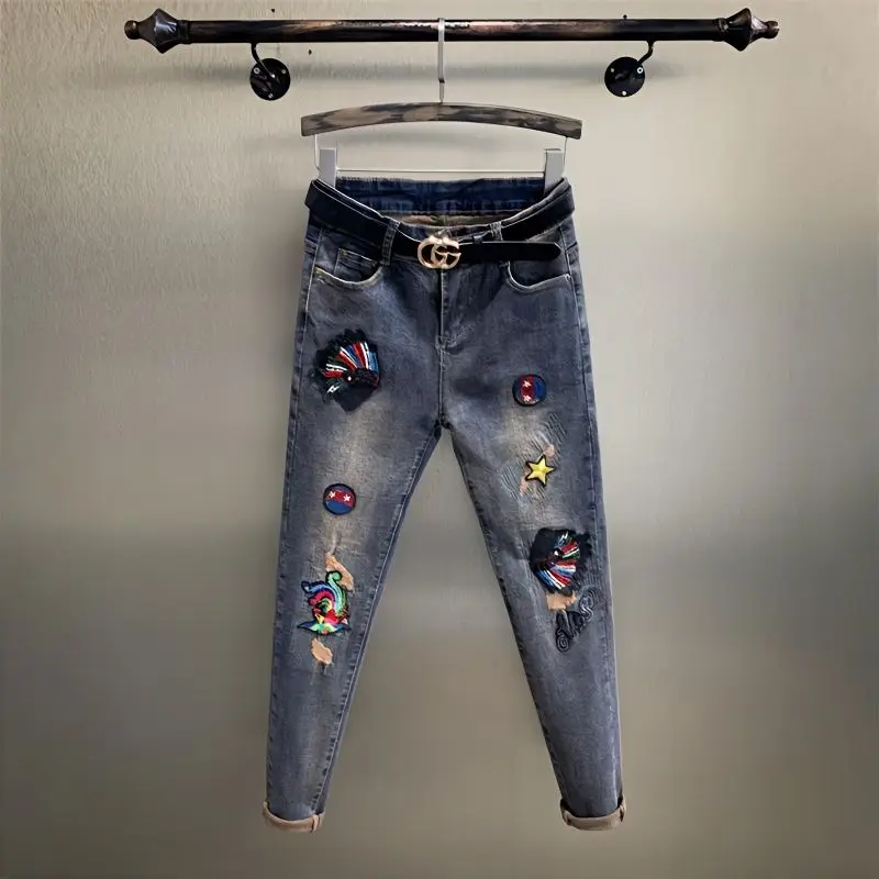 

Women's Jeans 2025 Embroidered Bae High Waist Elastic Slimming Long Pants Casual Sle Summer Season l Waist Pencil P...