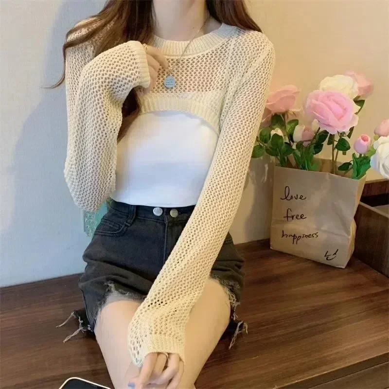 

Fashion O-neck T-shirts Women Long-sleeve Sunscreen Designed Chic Popular Ins Hotsweet Slim Sexy Solid Crop Tops Stylish Leisure