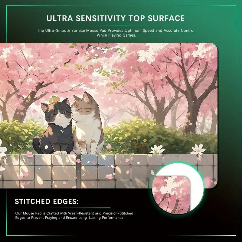 Simpatici gatti anime in fiore di ciliegio Tappetino per mouse design da giardino, tappetini da tavolo Tappetini per mouse per tastiera da gioco antiscivolo in gomma XL Tappetino lungo