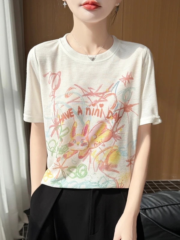 

Весна-Лето 2026: Новая женская повседневная футболка с принтом Ruche Fiti, тонкая, свободная, с эффектом похудения, с круглым вырезом, для омоложения кожи