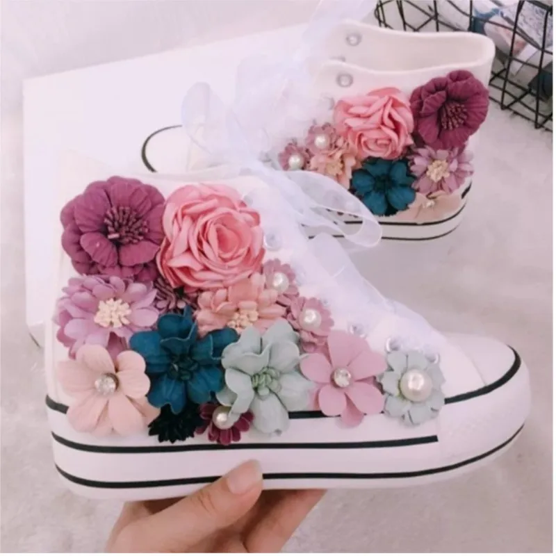 

Spring Summer Handmade Flower Canvas Shoes for Women Student Height Increase Casual Vulcanized White Sneakers Internal elevation