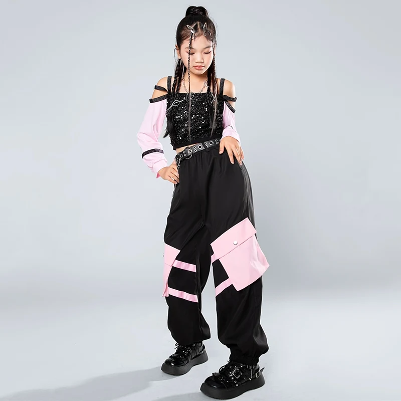 Novas crianças ternos de dança de salão crianças legal hip hop roupas meninas jazz dança traje kpop outfit rua dancewear xs8927