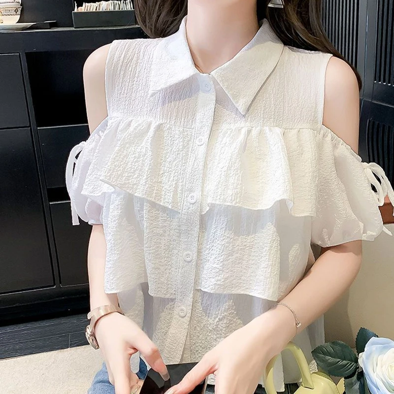 Casual Off Shoulder Ruffles White Shirt for Women Short Sleeve Y2k Clothes Chiffon Blouses Sweet Cute Ladies Summer Crop Tops - view 6