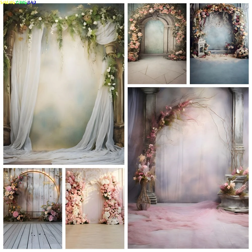 

Wedding Portrait Photography Backdrop Boho Style Flowers Window Curtain Bridal Shower Birthday Party Background Photo Studio