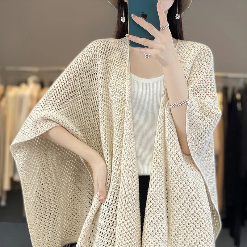 100% Wool Shawl Women\'s Knitted Lace up Cardigan Paired With a Spring Autumn Dual-use Cloak Scarf and Air Conditioning Shirt