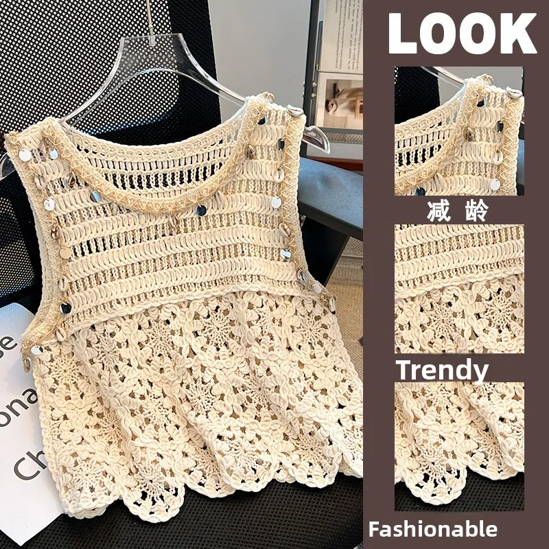 

n Holiday Sle Hollow out Svel Knitted Cover up Women Summer Lace Trim Hem Vest ort Top round Ne Bright Seq...