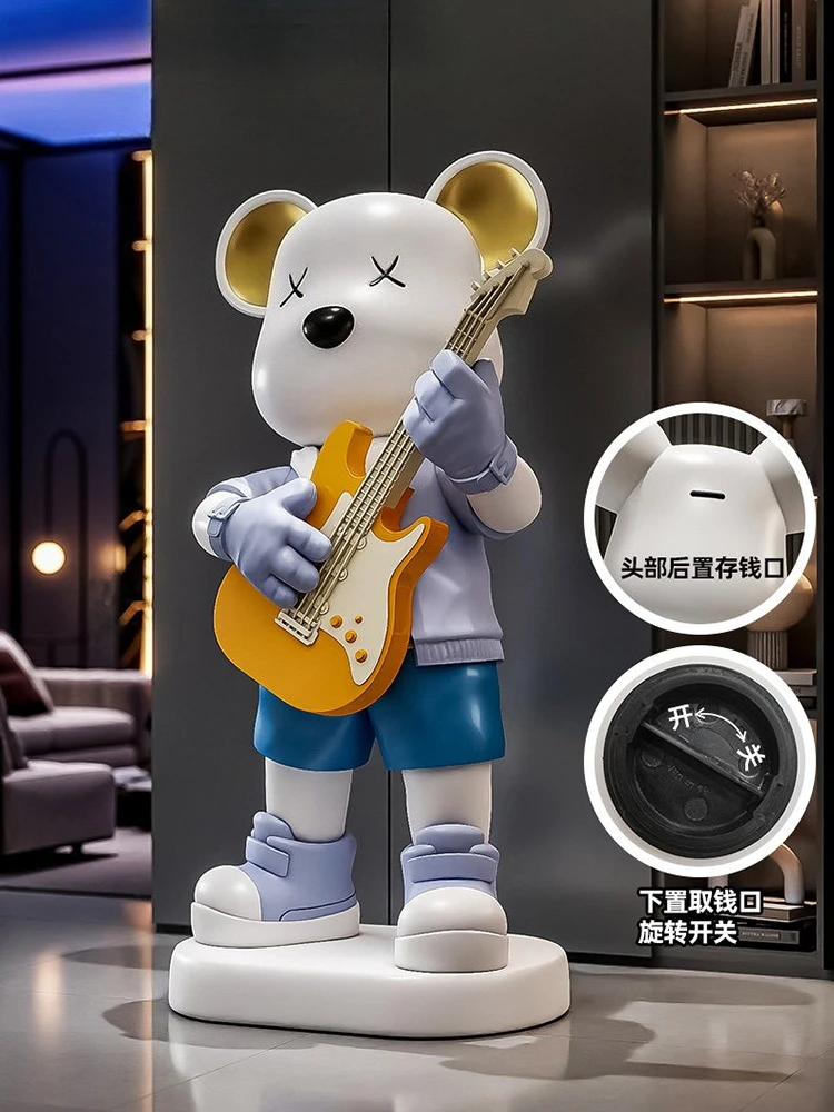 Guitar Love Bear Statue Piggy Bank Floor Home Decor Living Room Animal Sculpture Art Ornaments Housewarming Gift Resin Figurines