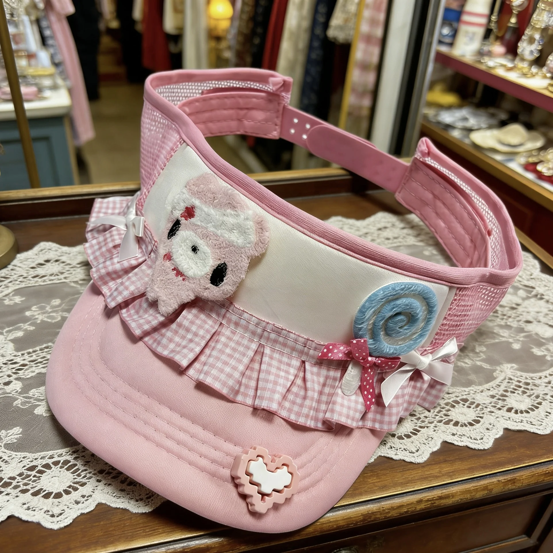 Sweet Pink Bear Empty To Hat for Women Cute Ruffled Lace Sun Visor Hat Summer Beach Casual Adjustable Hollow Out Baseball Cap