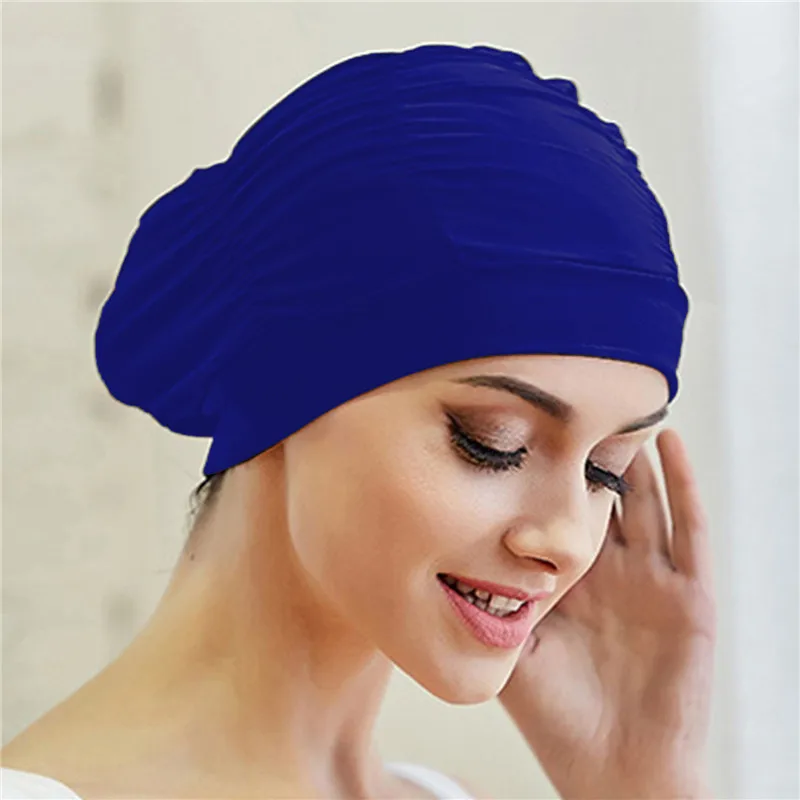

1Pc Elastic Nylon Swimming Caps Solid Colors Pleated Bathing Hats Long Hair Protect Pool Bathing Hats Swim Sports Accessories