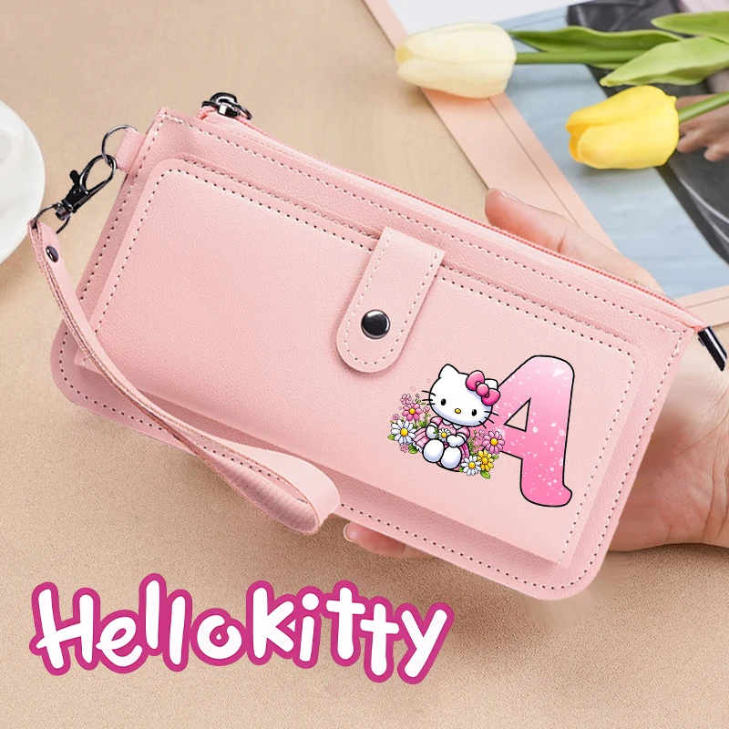 

Кожаный длинный кошелек Sanrio Hello Kitty с буквой A-Z, тонкий деловой женский чехол на молнии, милый мультяшный розовый модный подарок на день рождения для девочек
