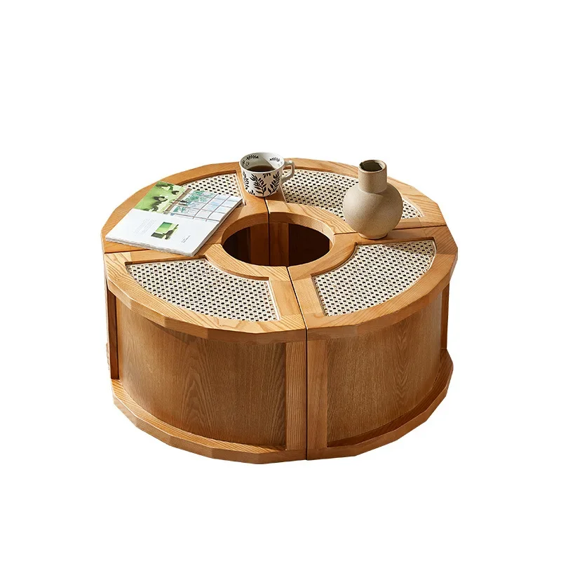

Nordic solid wood rattan coffee table living room household small apartment round