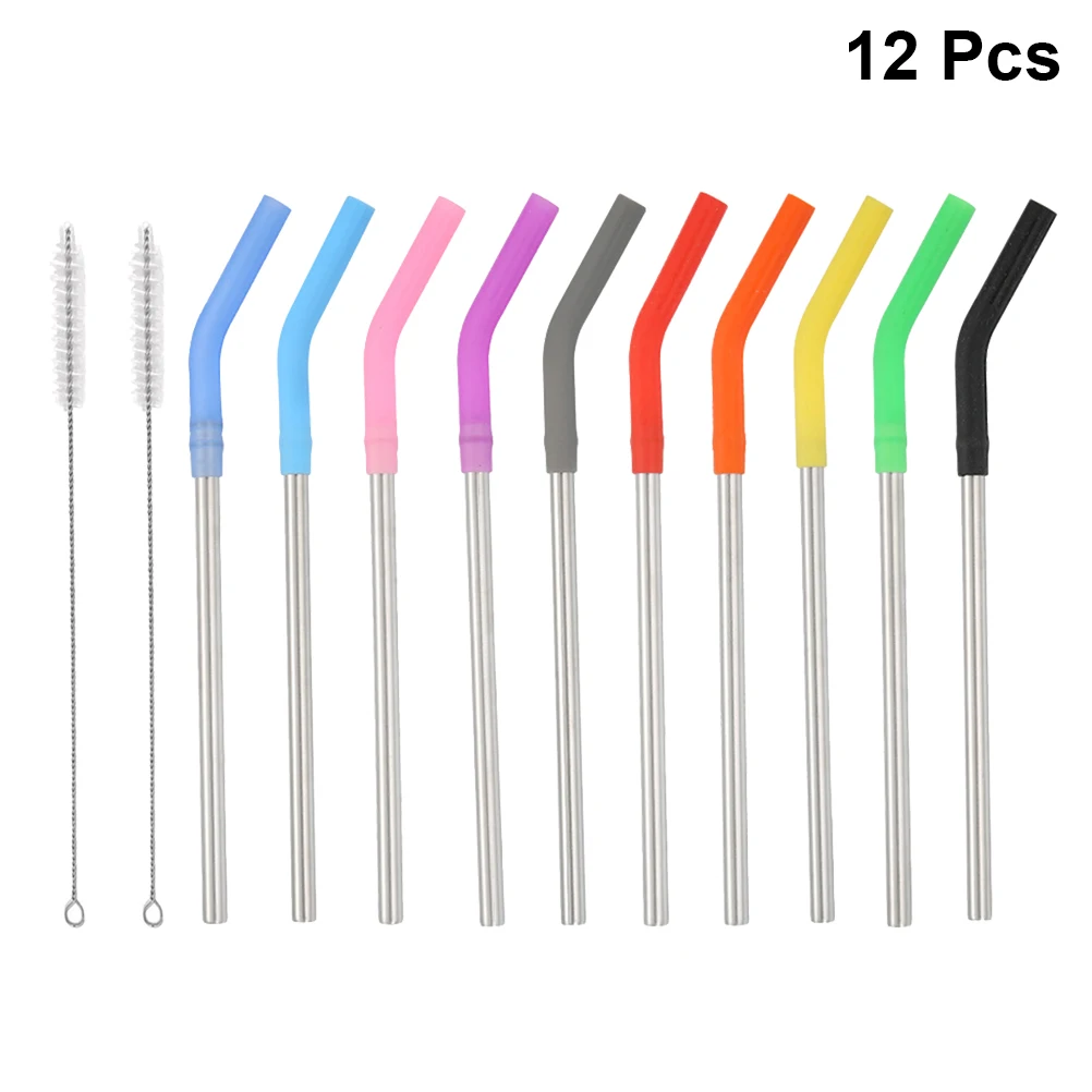 

12pcs Stainless Steel Straw Reusable Curved Drinking Straws Silicone Nozzle Set Eco Friendly Anti Rust Kitchen Bar Supplies