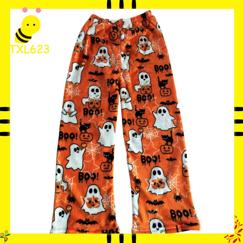여성을위한 새로운 할로윈 플란넬 잠옷 바지 만화 힙합 레이디 캐주얼 따뜻한 플러시 플란넬 바지 귀여운 크리스마스 선물