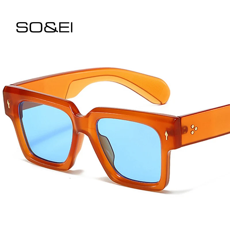 SO&EI Oversized Square Women Luxury Sunglasses Fashion Rivets Decoration Eyewear Shades UV400 Men Yellow Blue Sun Glasses