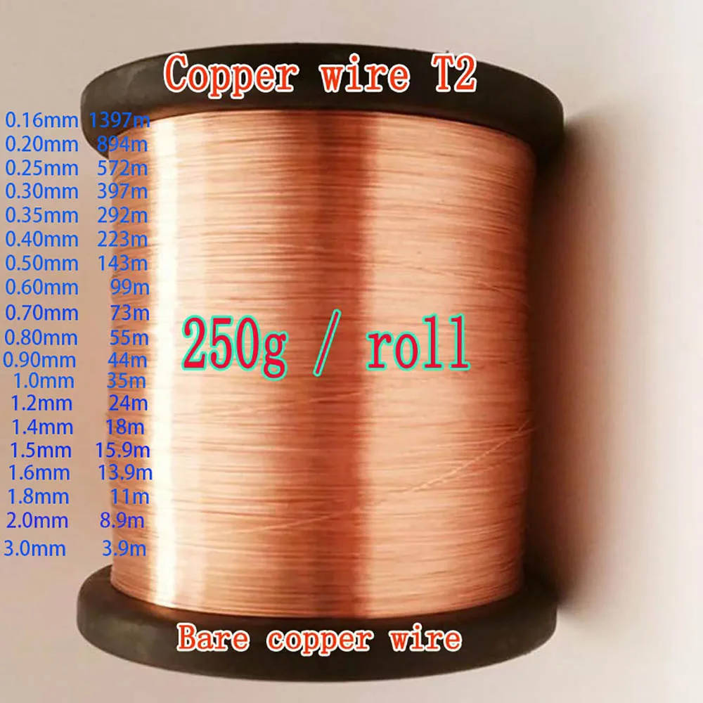 

250g/Roll Copper Wire T2 Copper Coil Conductive Copper Wire, Superfine Copper Wire, Line Bare 0.2 0.3 0.4 0.5 0.6 1.0 2.0/1.4mm