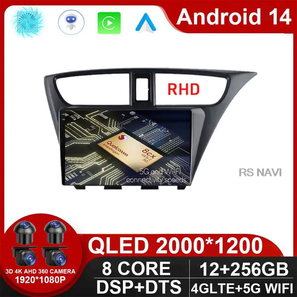 

For Honda CIVIC Hatchback 2012 - 2017 Car Radio Android 14 Multimedia Video Player Navigation GPS Stereo HU No 2 Din 2din