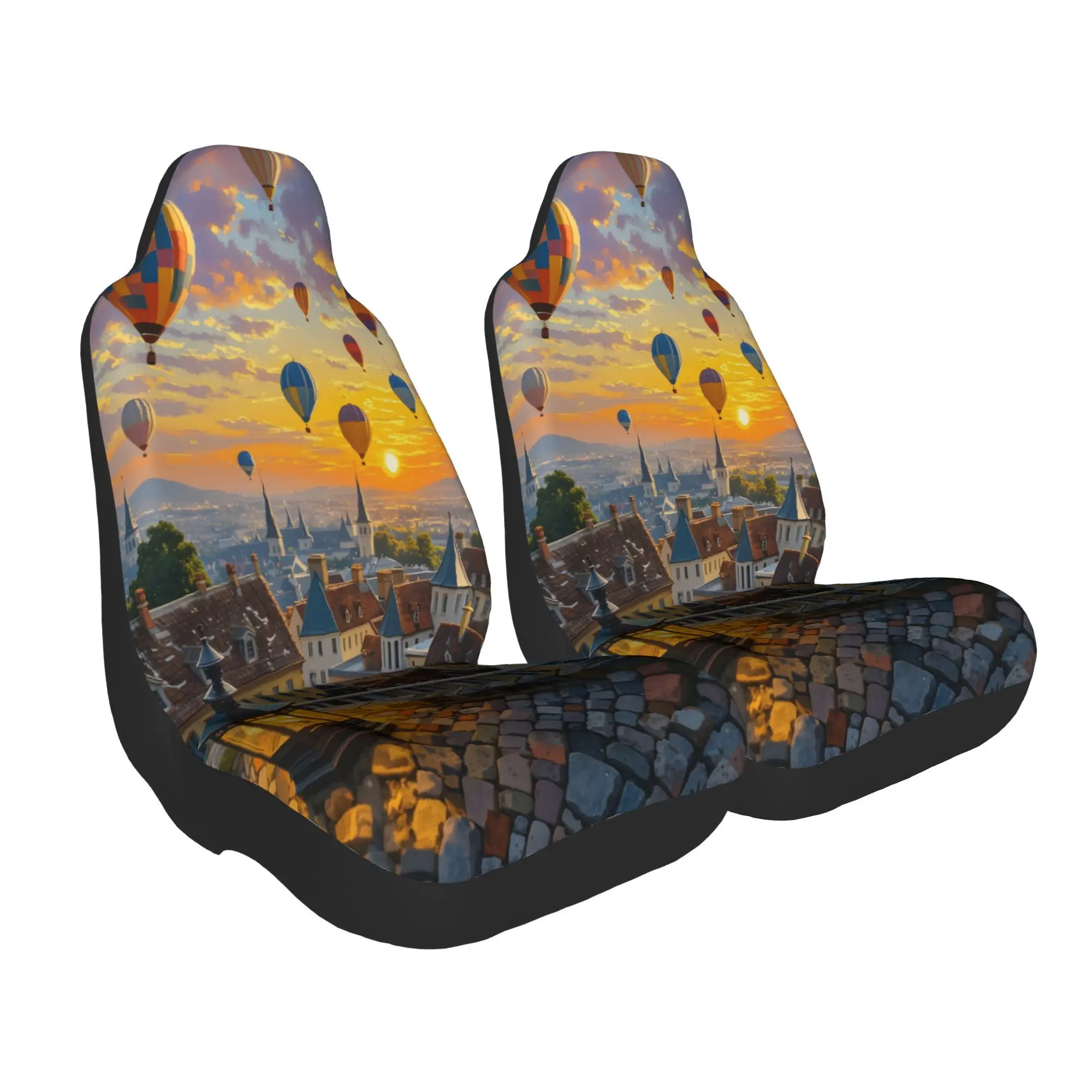 2pcs Sunset Over European Town With Colorful Hot Air Balloons Floating Above Rooftops Car Seat Covers | Suitable For SUVs Such A