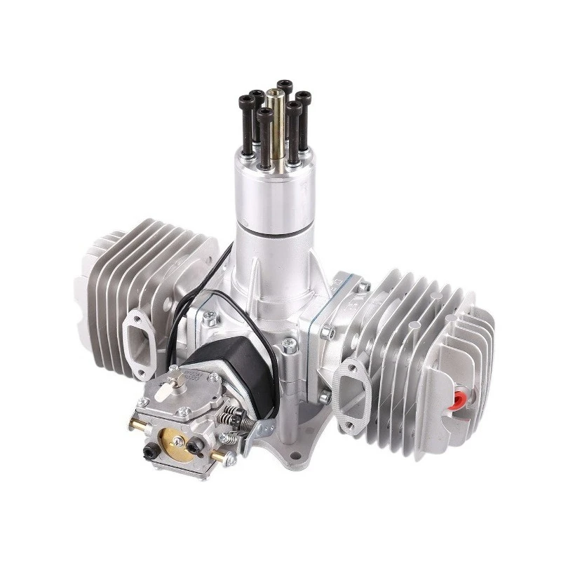 Model aircraft engines have twin-cylinder, two-stroke side exhaust