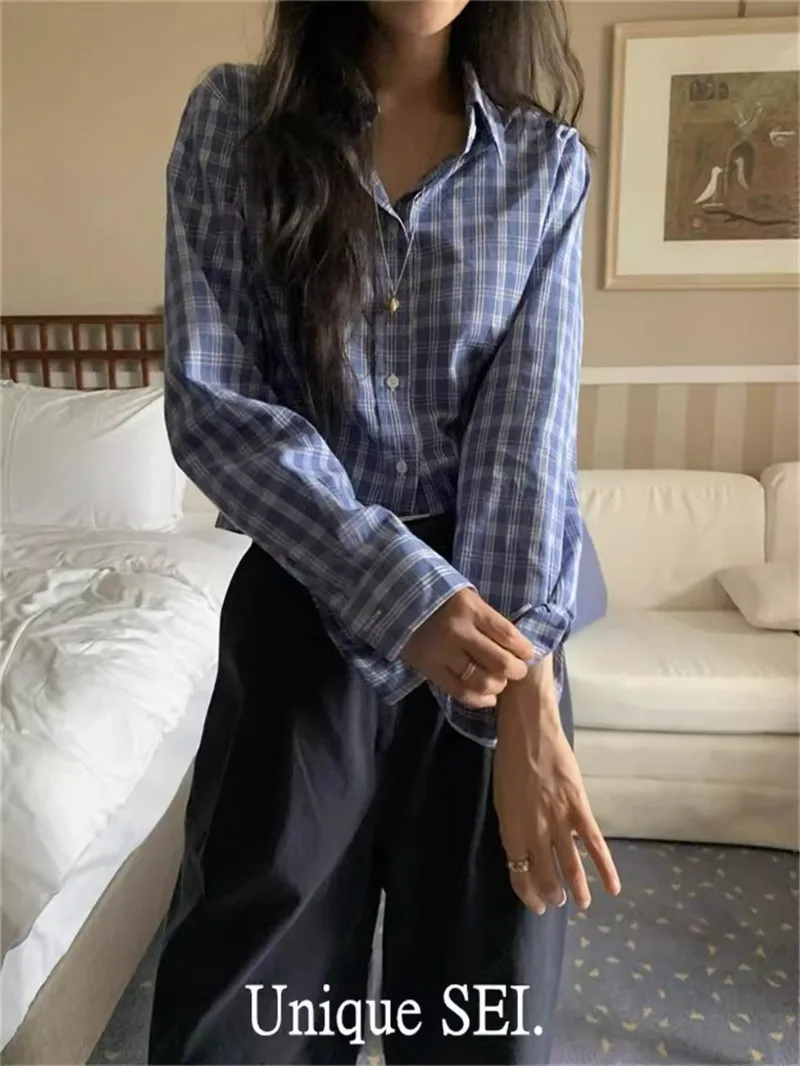 

Camisas De Mujer Women White Shirts & Blouses Blusas Clothes Loose Top Chic Korean Y2k Plaid Shirt