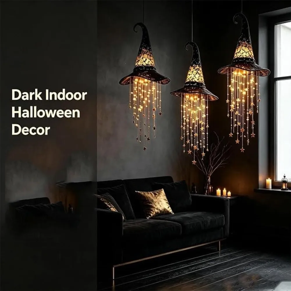 Glowing LED Witch Hat Hanging Chime Hollow Out with Star Tassels Light‑Up Witch Hat Ornament Spooky Curved Brim Tip