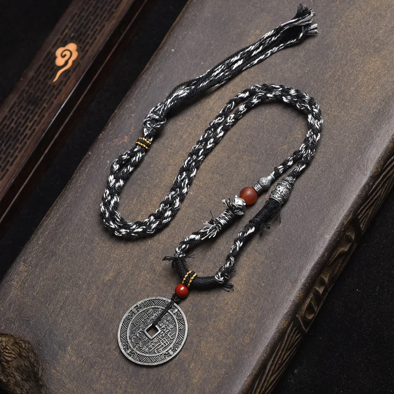 -style ethnic mountain ghost coin pendant necklace, Tibetan silver and red agate accessories, hand-woven rope, versatile