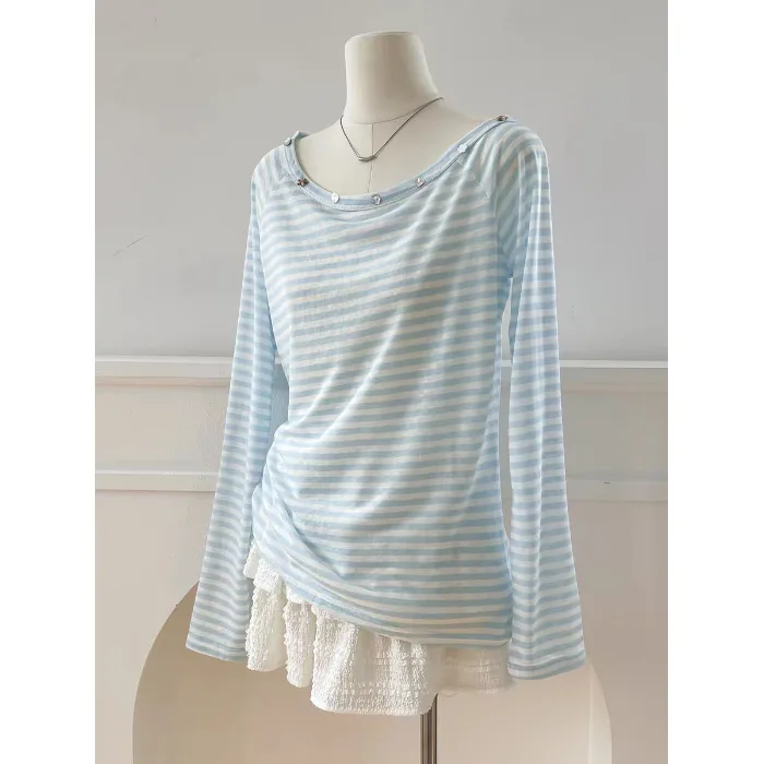 2026 Summer New Women Blue Striped Sun Protection Cover Up, Thin Loose Figure-Flattering Long Sleeve T-Shirt Casual Blouse