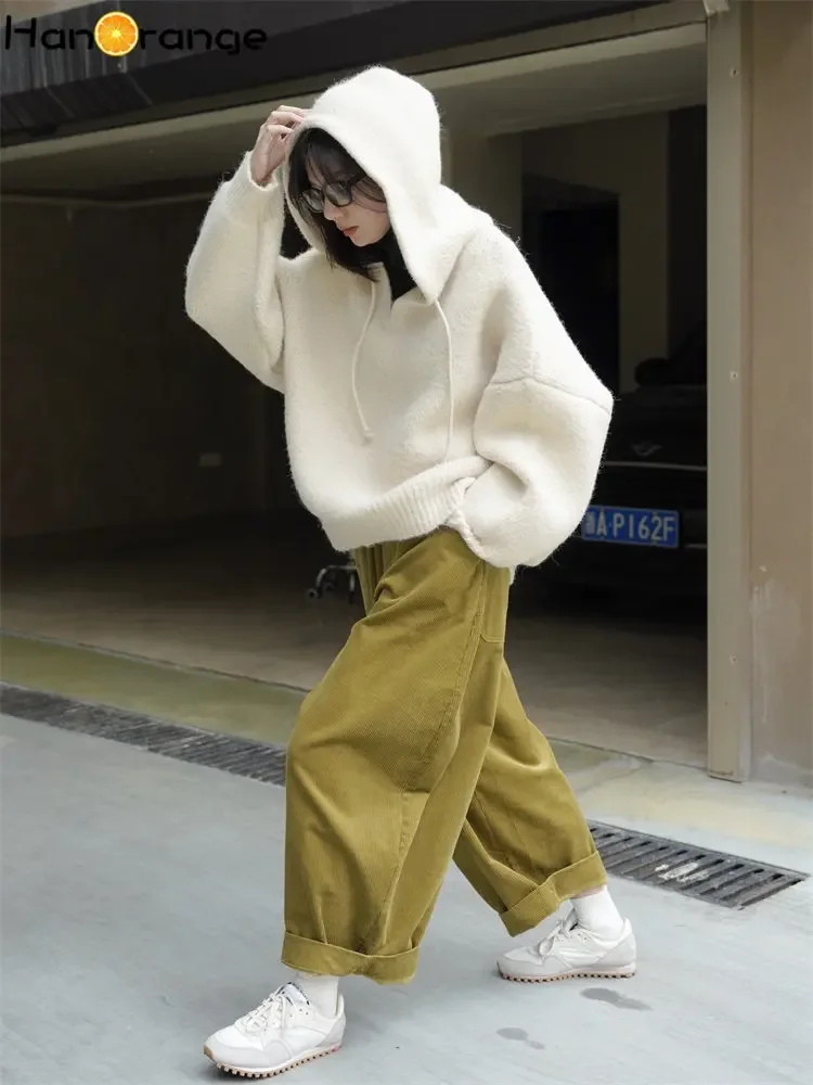 HanOrange 2024 Autumn Winter Slouchy Velvet Hooded V-Neck Sweater Women Loose Silhouette Soft Knitted Top Beige White/Pickled