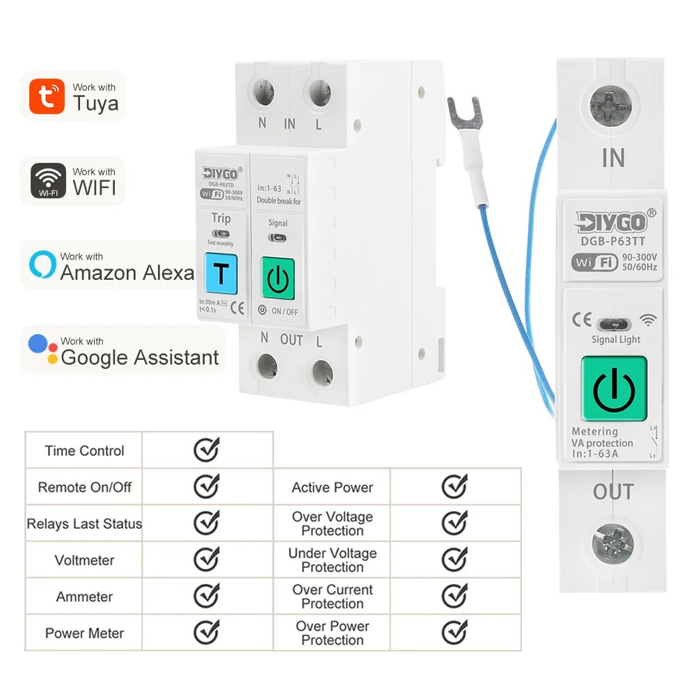 1P 2P Circuit Breaker Adjustable WIFI Remote Control Metering Voltage Current Overload Protection Relay Timer Smartlife TUYA App