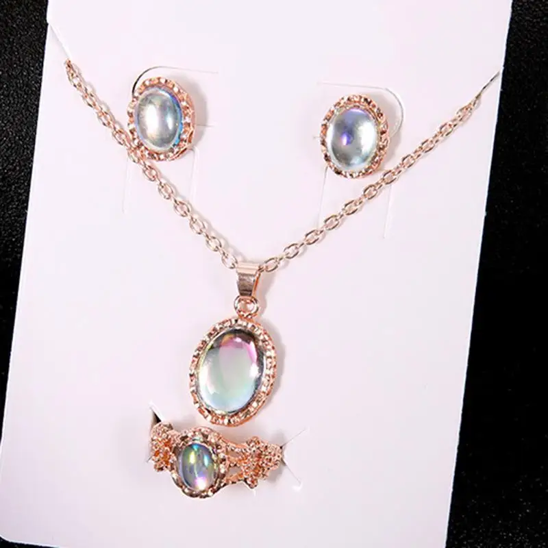 3Pcs Opal Jewelry Set For Women Gemstone Pendant Necklace Ring Earrings Elegant Crystal Accessories For Party Daily Wear Gift