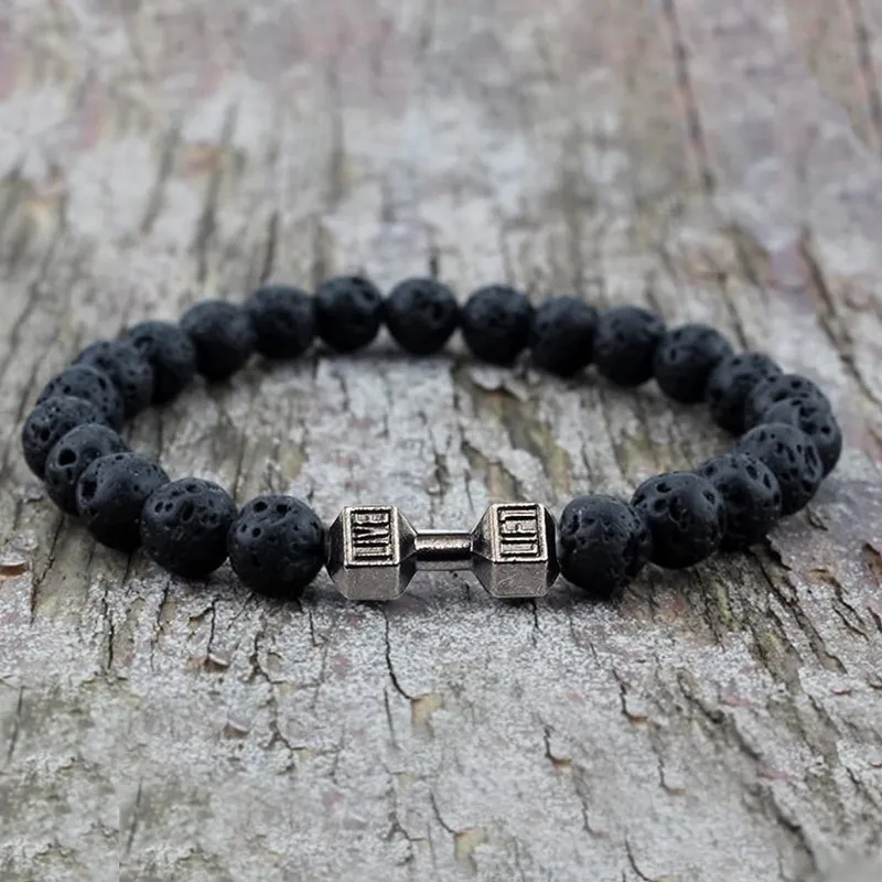 الطبيعية الأسود البركاني الحمم البركانية حجر الدمبل سوار أسود ماتي الخرز أساور للنساء الرجال اللياقة البدنية الحديد مجوهرات أساور